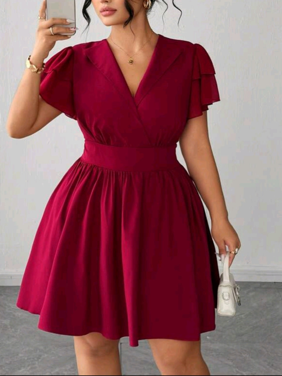 7915 Waist-Cinched Flutter Sleeve Dress