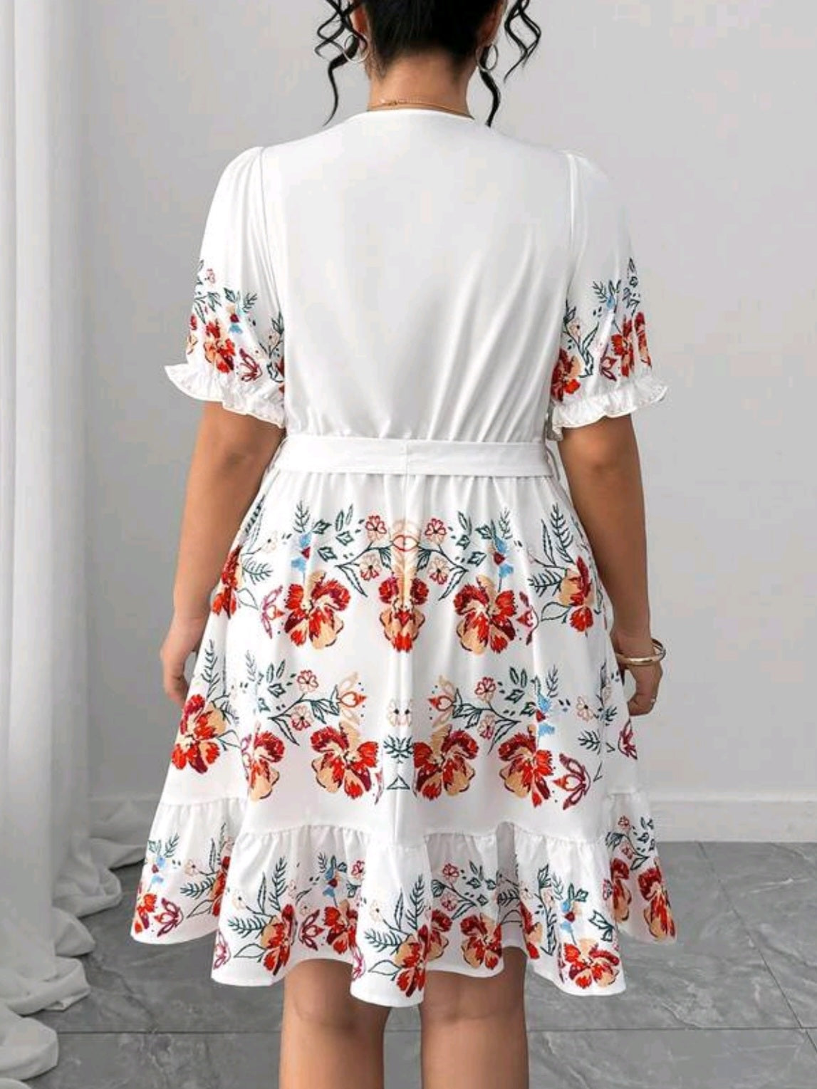 3585 Frill Trim Sleeve Bow Tie Waist Dress