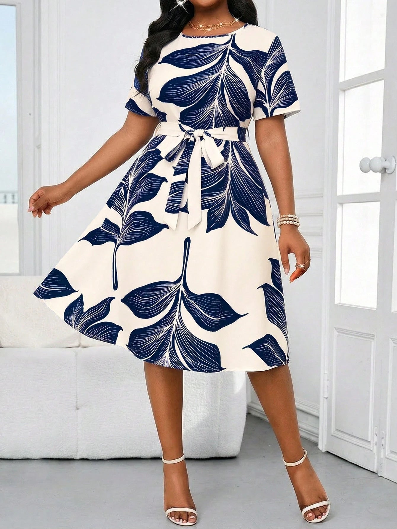 1811 Leaf Print Twist Waist Dress
