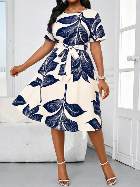 1811 Leaf Print Twist Waist Dress