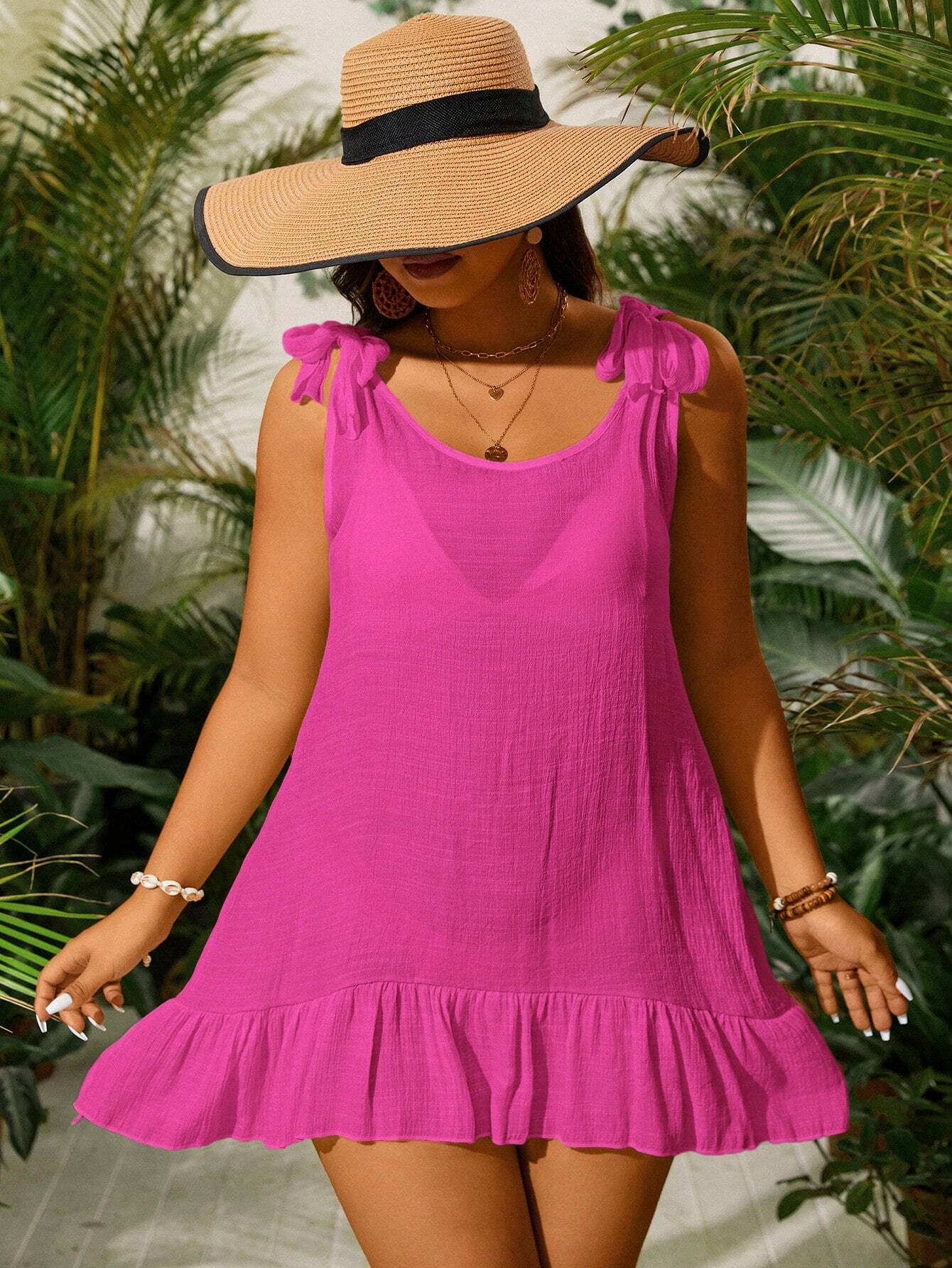 4898 Tie Shoulder Ruffle Hem Cover Up Dress (Without Bikini)