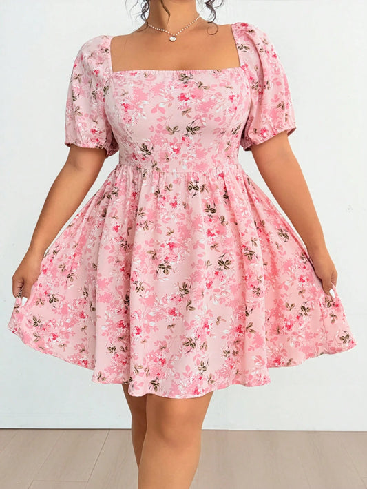 8939 Square Neck Puff Sleeve Printed Dress
