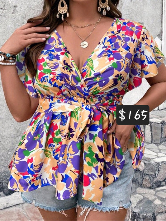 #5475 Allover Print Butterfly Sleeve Belted Blouse