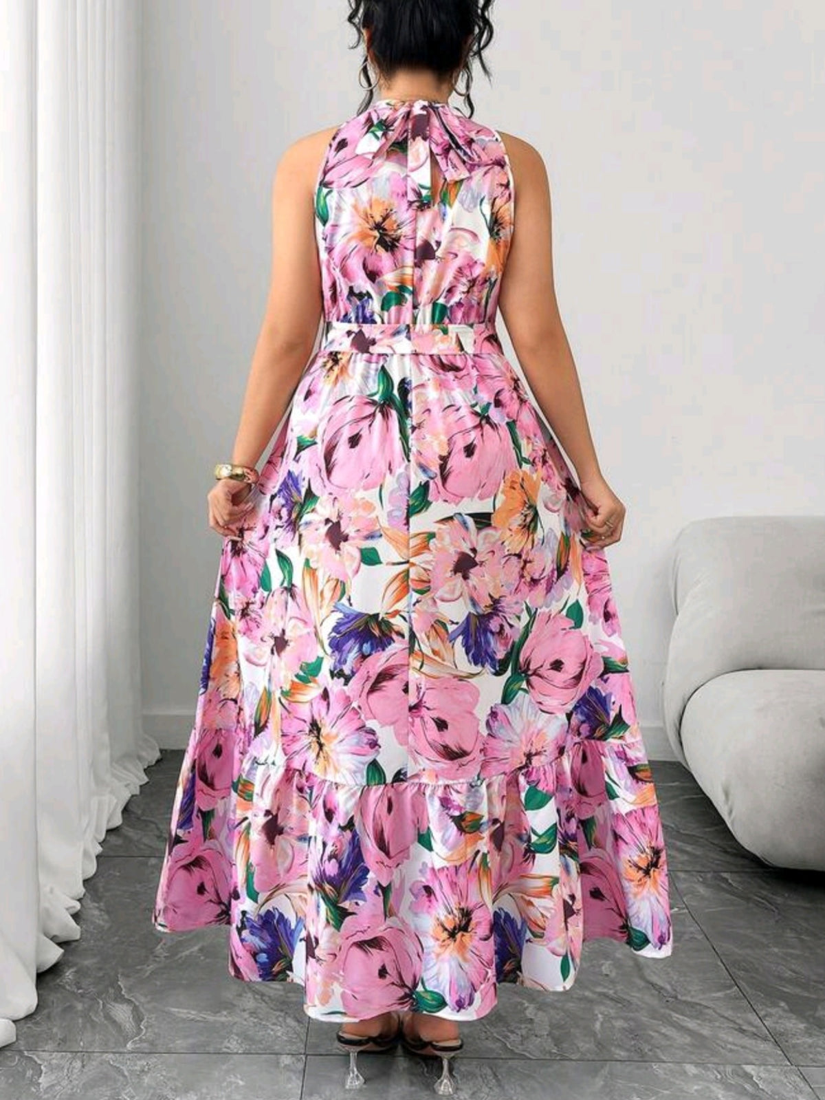 2423 Floral Print Tie Waist Dress