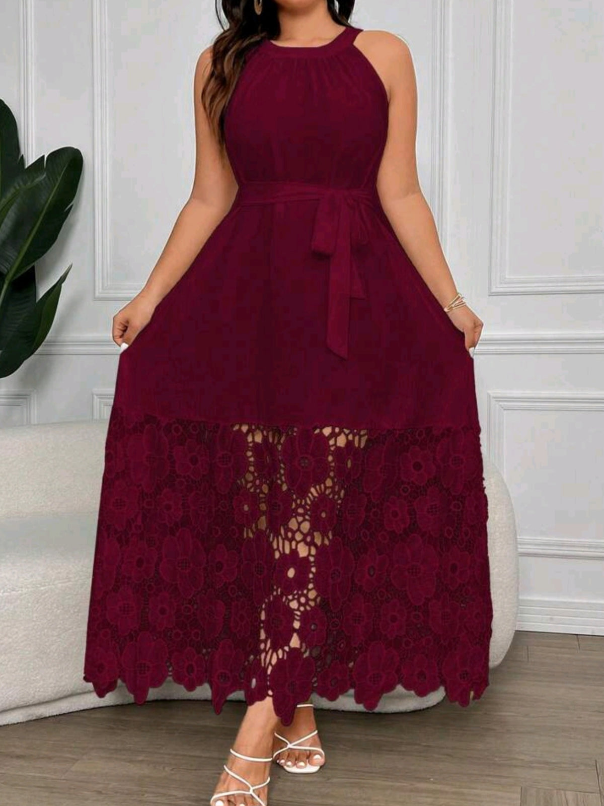 4403 Lace Patchwork Tie Neck Dress