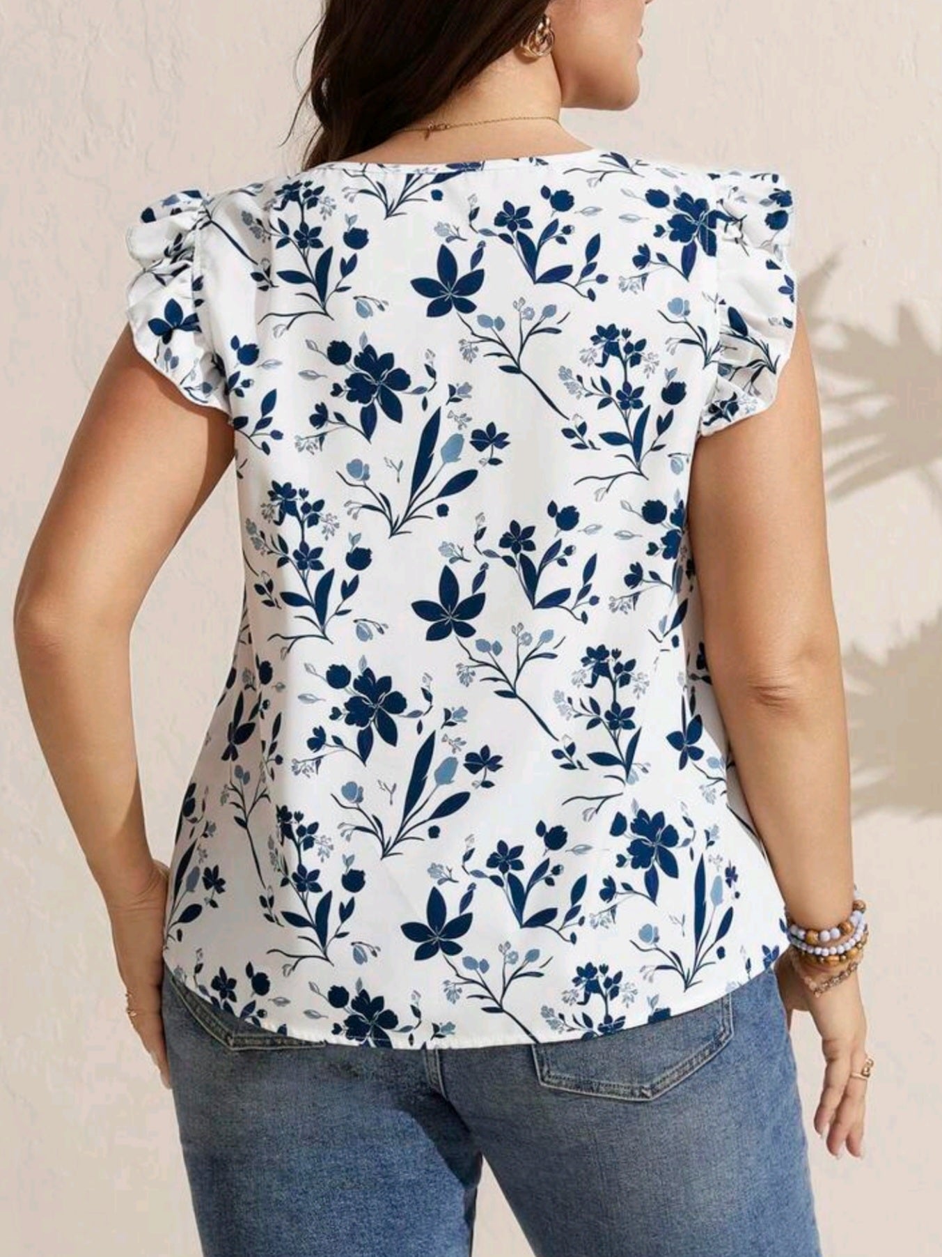 3011 Plant Pattern Cap Sleeve Blouse