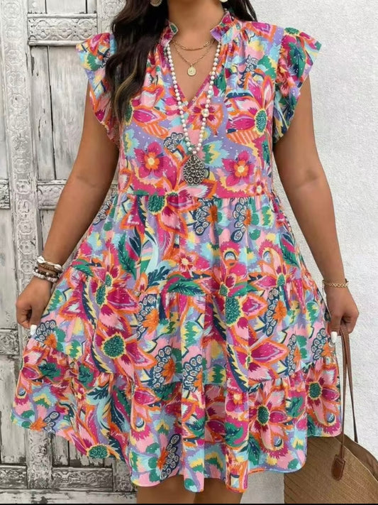 7799 Ruffle V-Neck Loose Dress