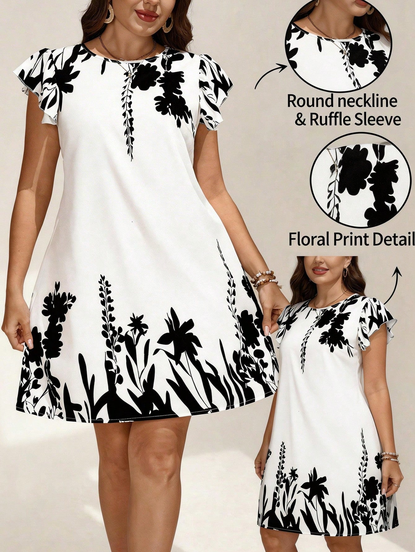 4004 Floral Print Ruffle Sleeve Dress