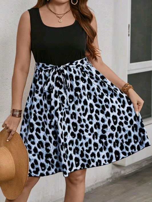 S #6212 Sleeveless Knit Patchwork Leopard Print Dress