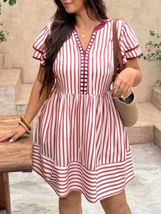 0330 V-Neck Contrast Trim Double Layer Flutter Sleeve Dress