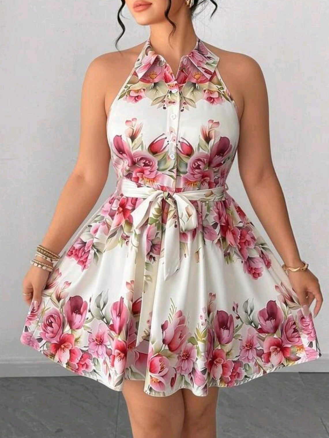 5085 Sleeveless Floral Print Belted Dress