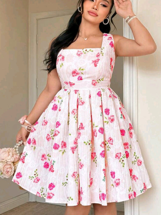 3852 Floral Print Pleated Dress
