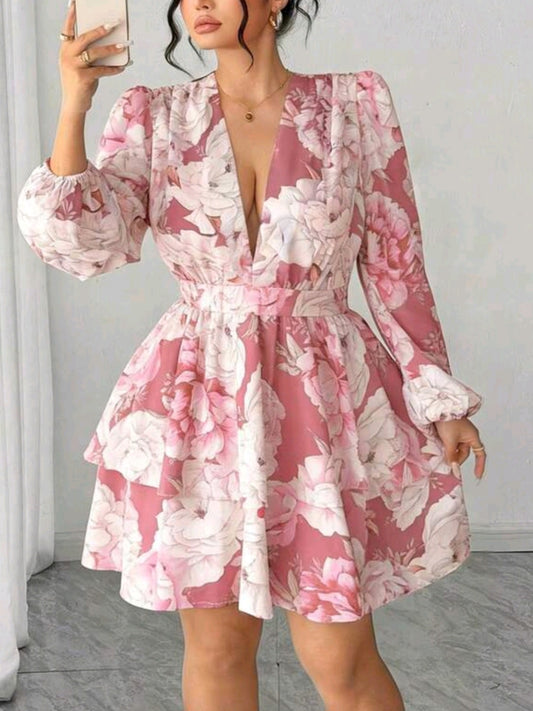 6082 Floral V-Neck Petal Sleeve Double Ruffle Hem Dress