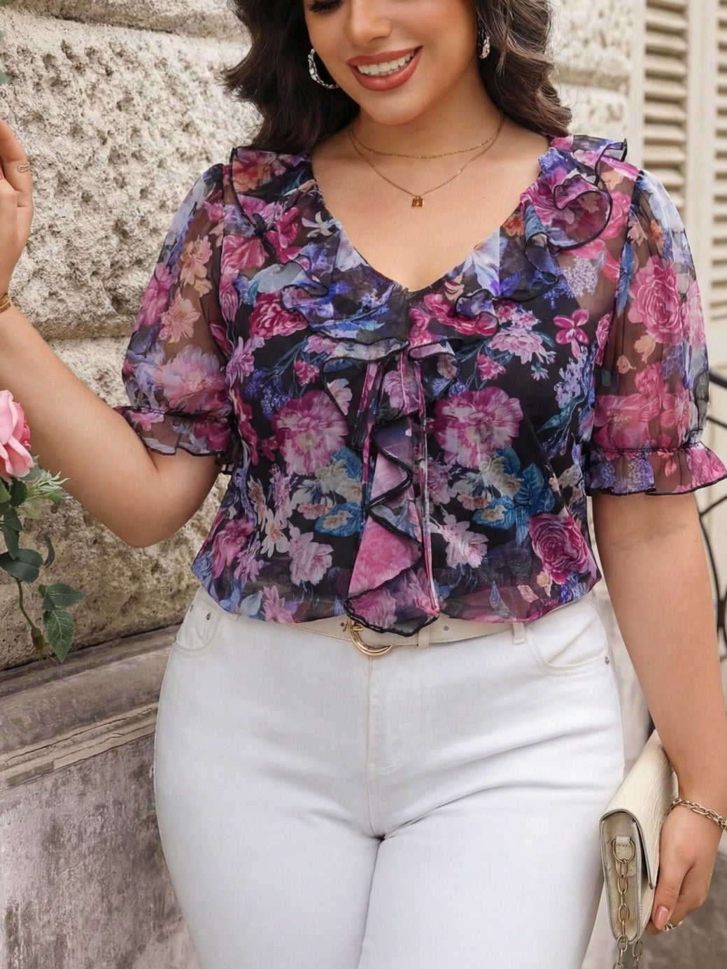 9543 Floral Print Ruffle Hem Blouse (fully see through)