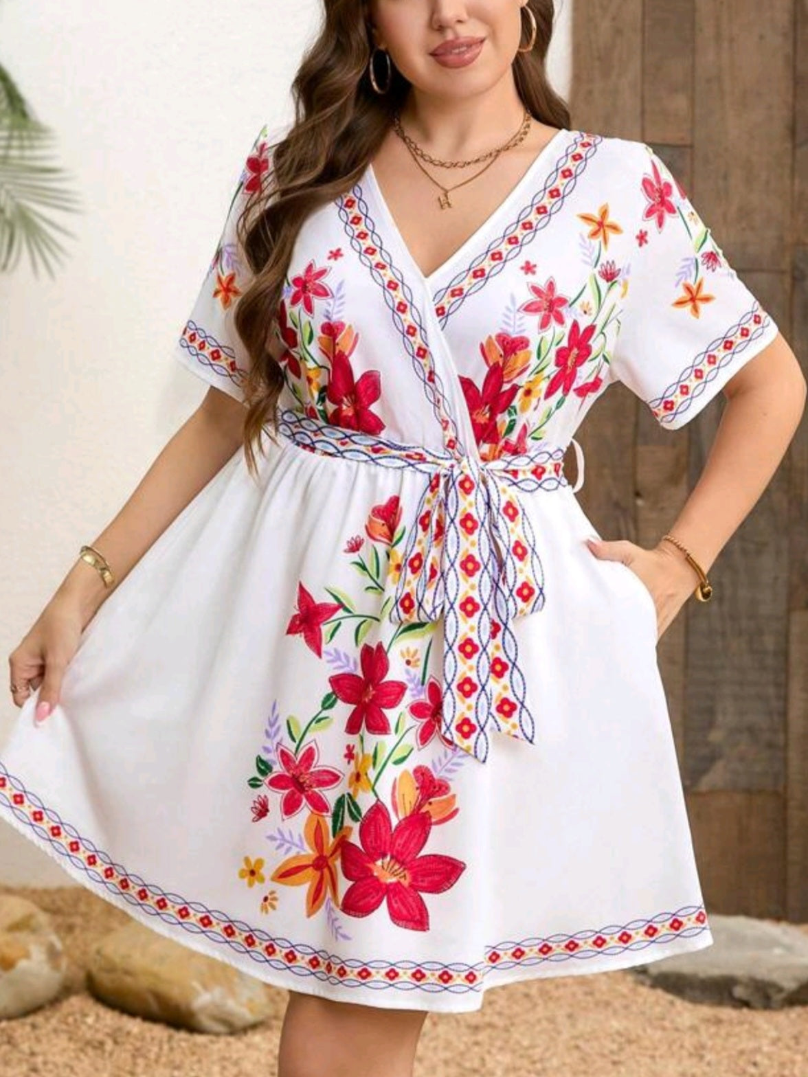 3323 Floral Print V-Neck Tie-Up Dress
