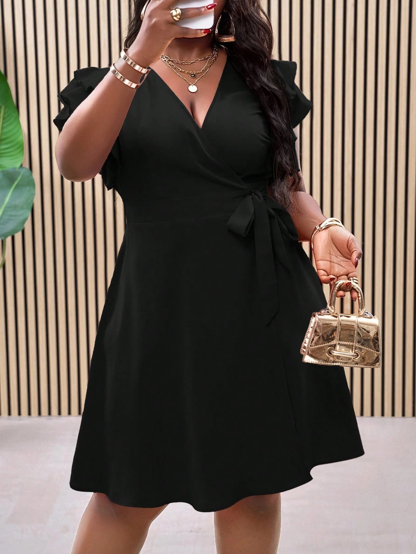 #3734 Double Ruffle Wrap Tie Waist A-Line Dress
