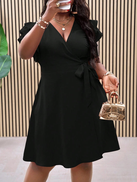 #3734 Double Ruffle Wrap Tie Waist A-Line Dress