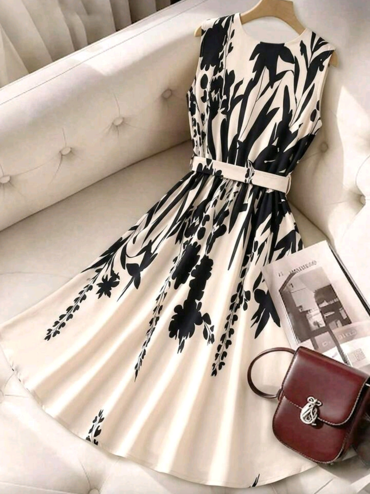 8973 V-Neck Floral Print Elastic Waist A-Line Maxi Dress