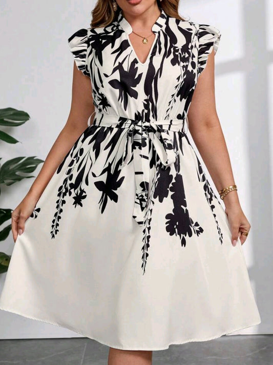#9663 Notched Neck Ruffle Trim Belt Dress