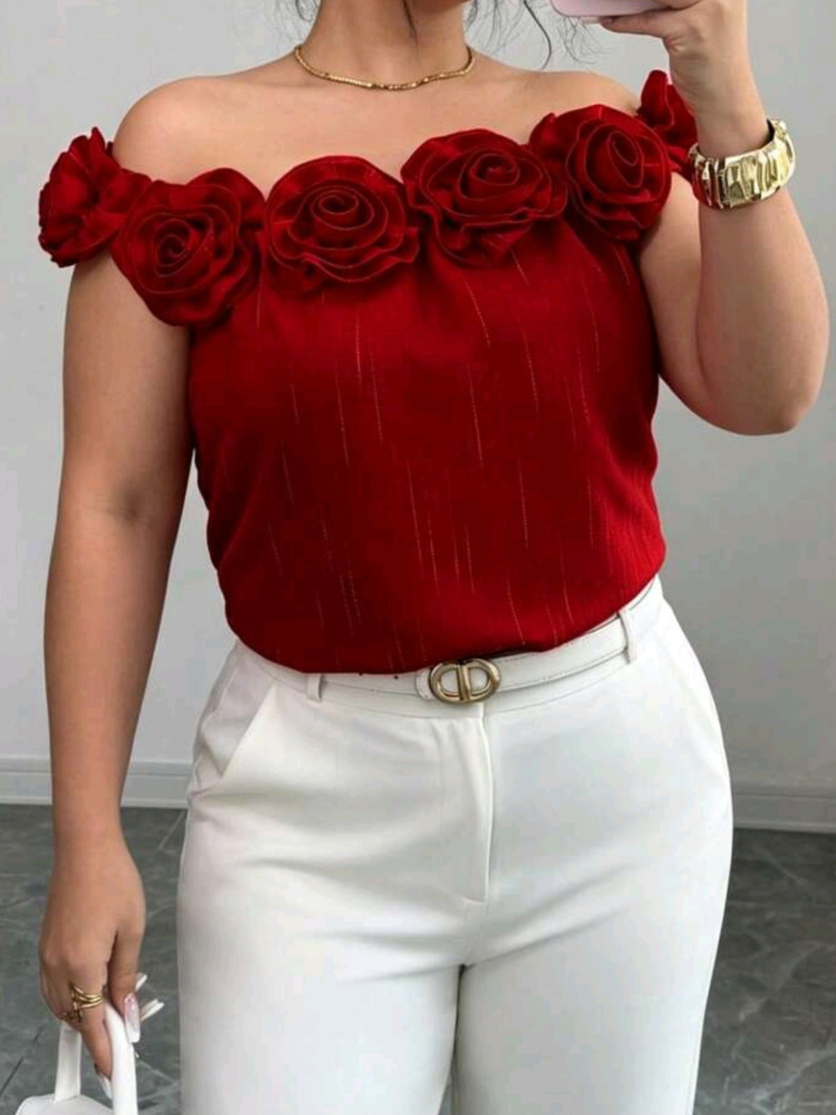 6426 Off Shoulder Blouse With 3D Floral Decor