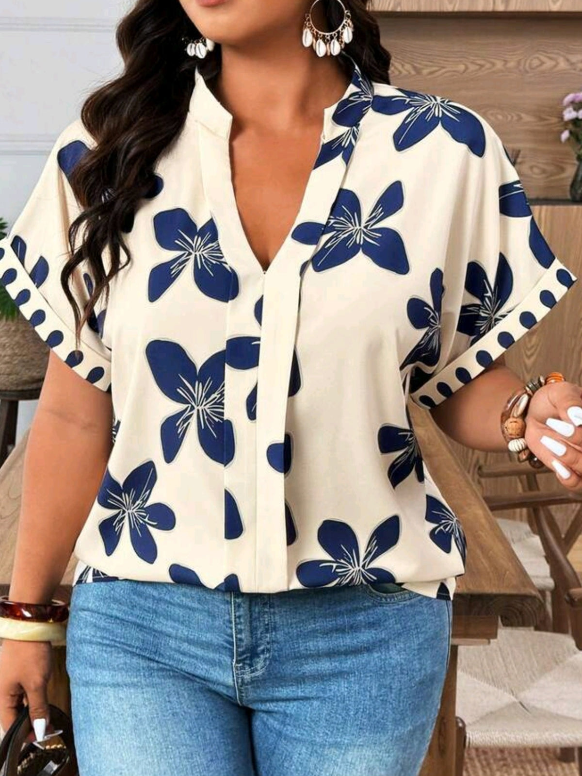 7393 V-Neck Ruffle Trim Blouse