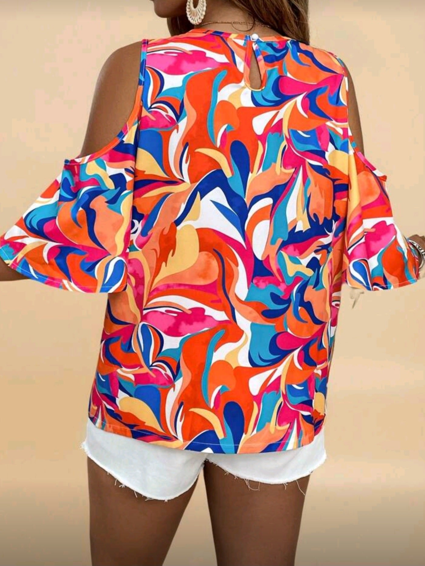 8808 / 7921 Open Shoulder Allover Print Keyhole Neck Blouse