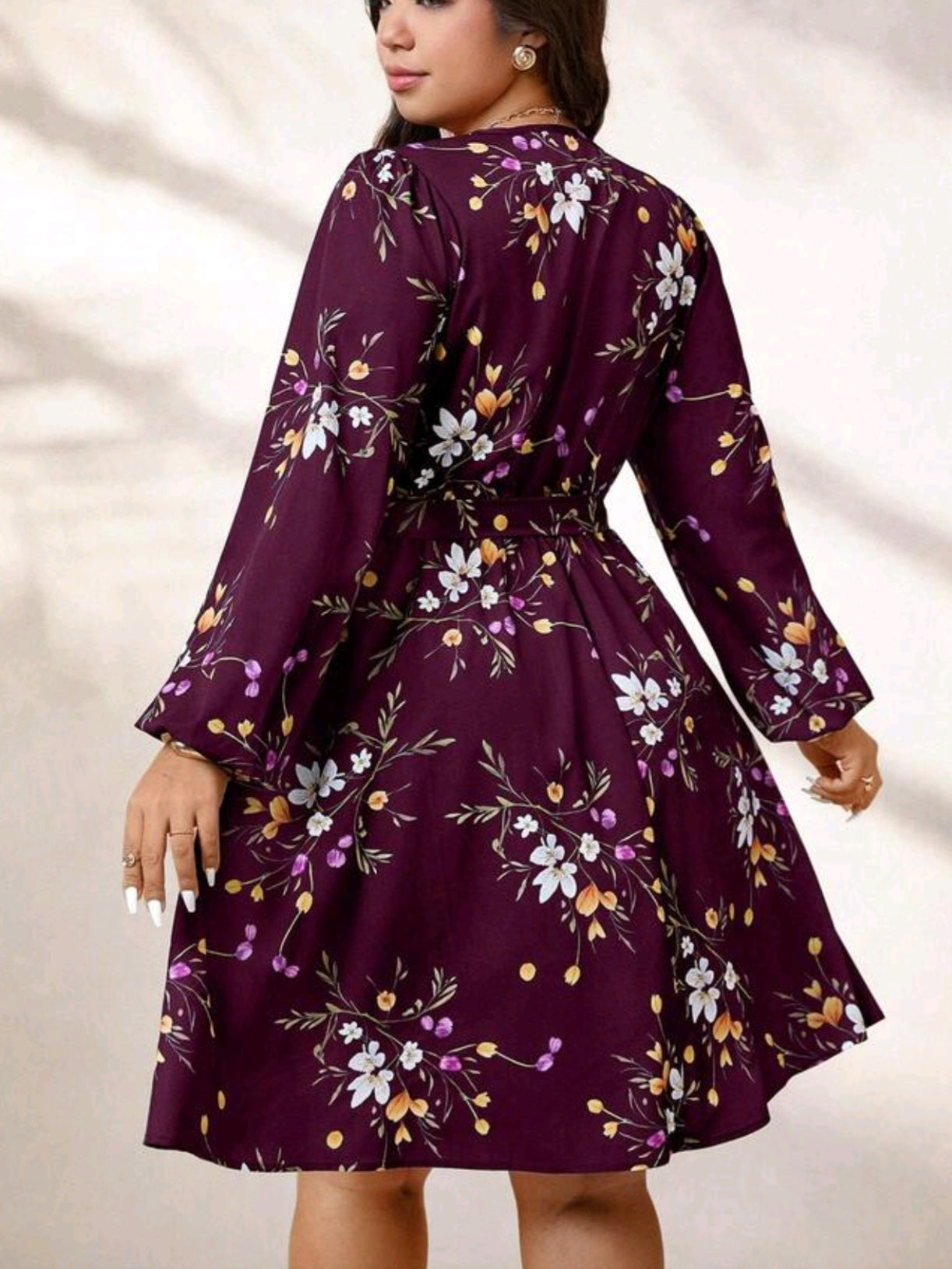 4463 V-Neck Long Sleeve Waist Tie Bow Floral Print Pleated A-Line Dress