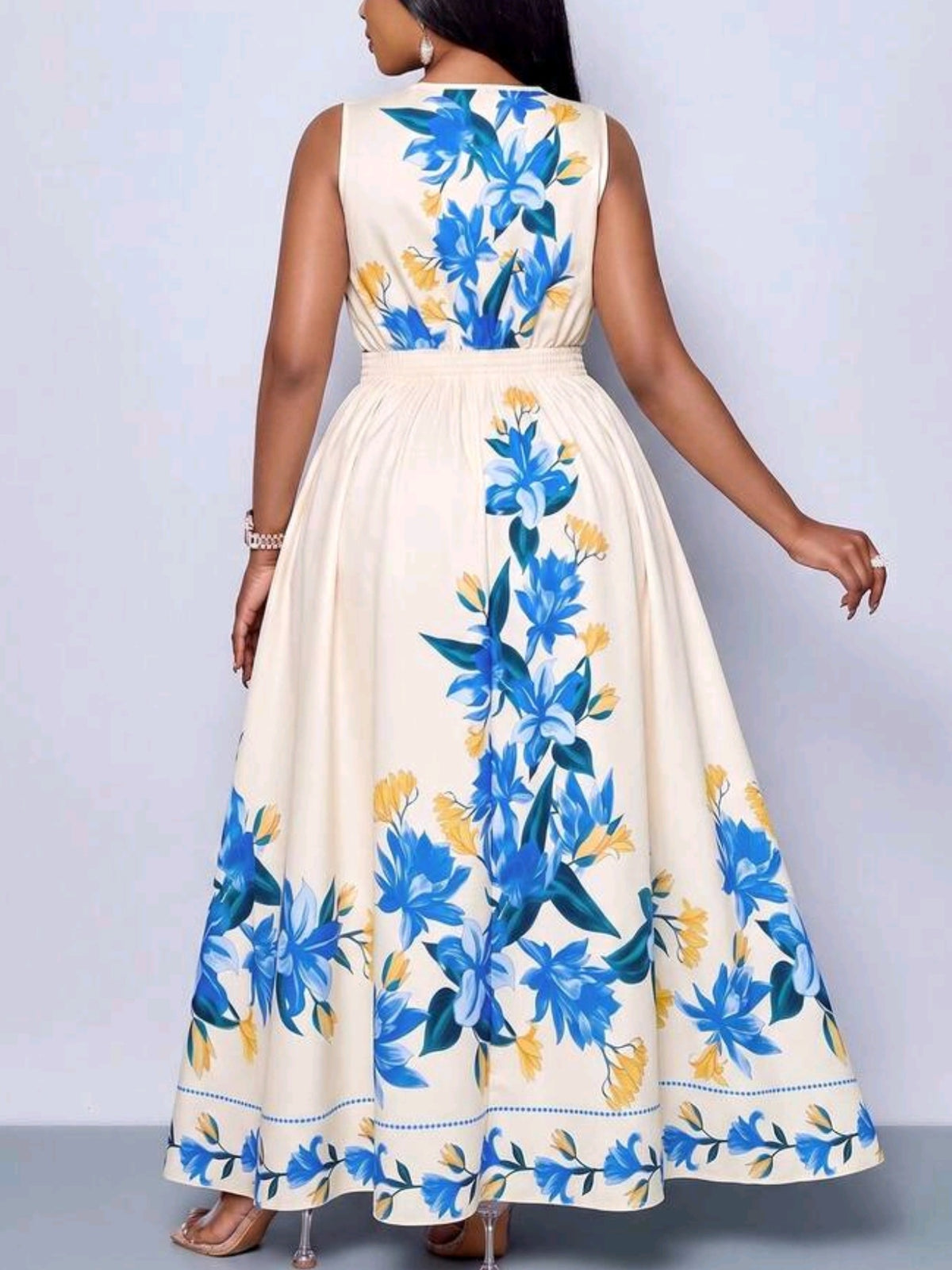 9485 V-Neck Sleeveless Cinched Waist A-Line Dress