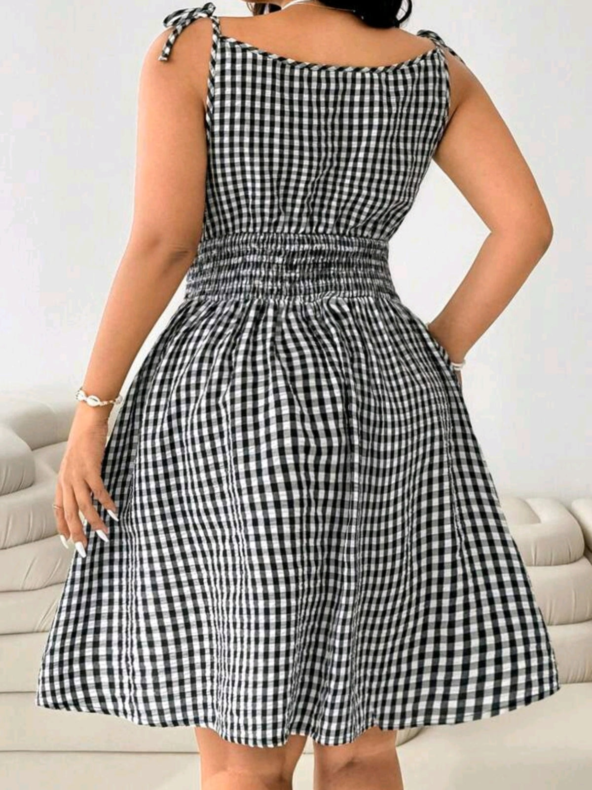 2633 Gingham Plaid Tie-Shoulder Shirred Waist Dress