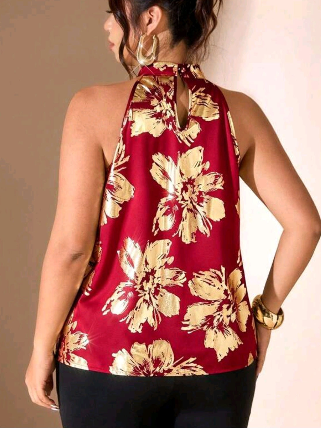3806 Floral Print Stand Collar Sleeveless Top