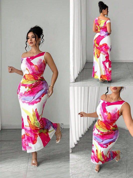 7054 Colorful Vacation Fitted Elastic Dress