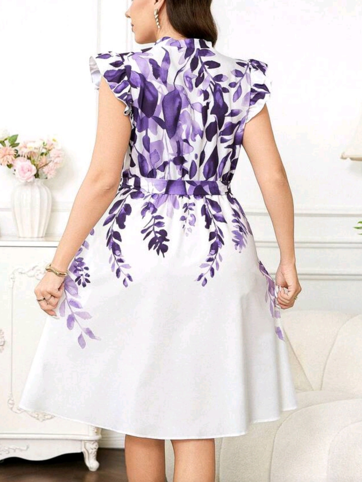 6955 Graphic Print Notched Neck Ruffle Trim Belted Dress
