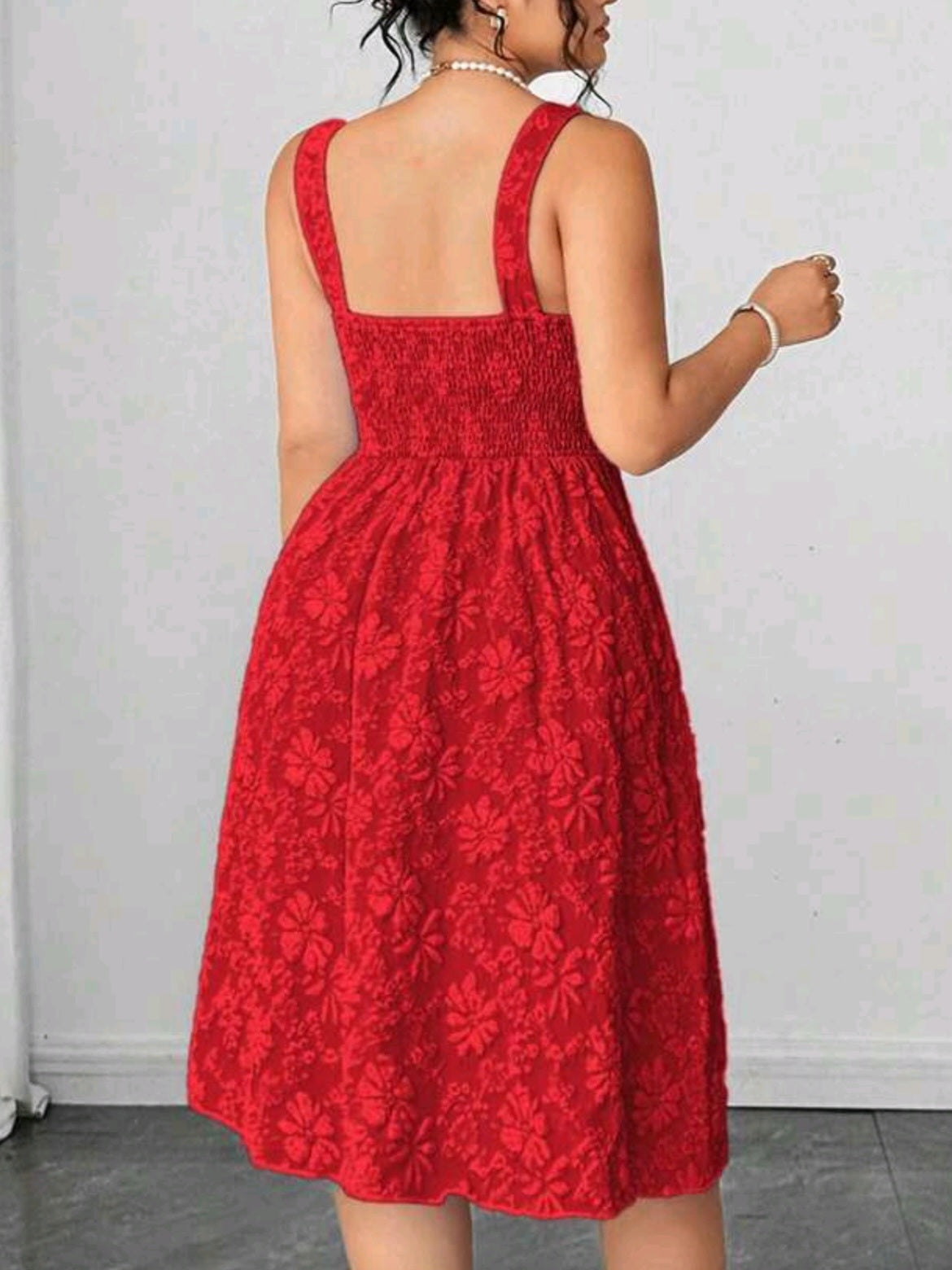 22213 V-Neck Jacquard Textured Fabric Waist Dress