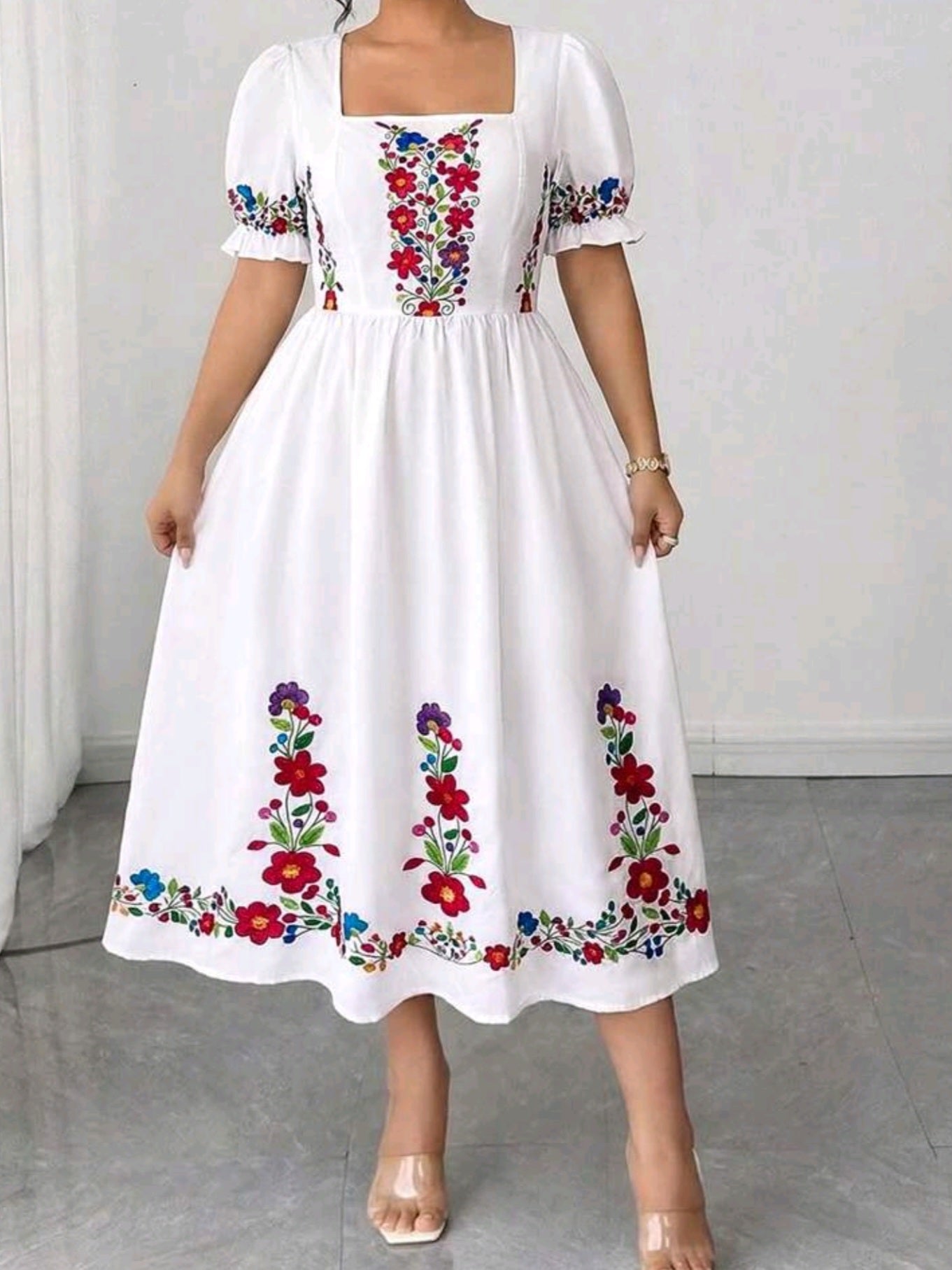3058 Square Neck Midi Puff Sleeve Dress