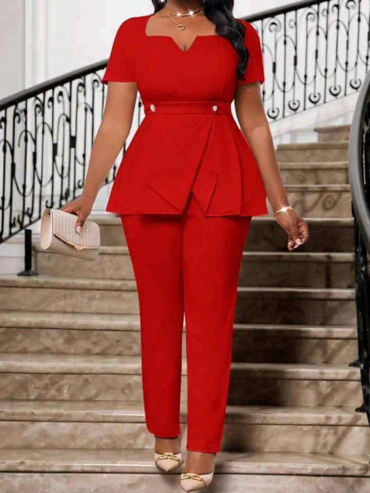 0899 2 pc V-Neck Short-Sleeved Waist Button Asymmetrical Hem Top Suit Pants