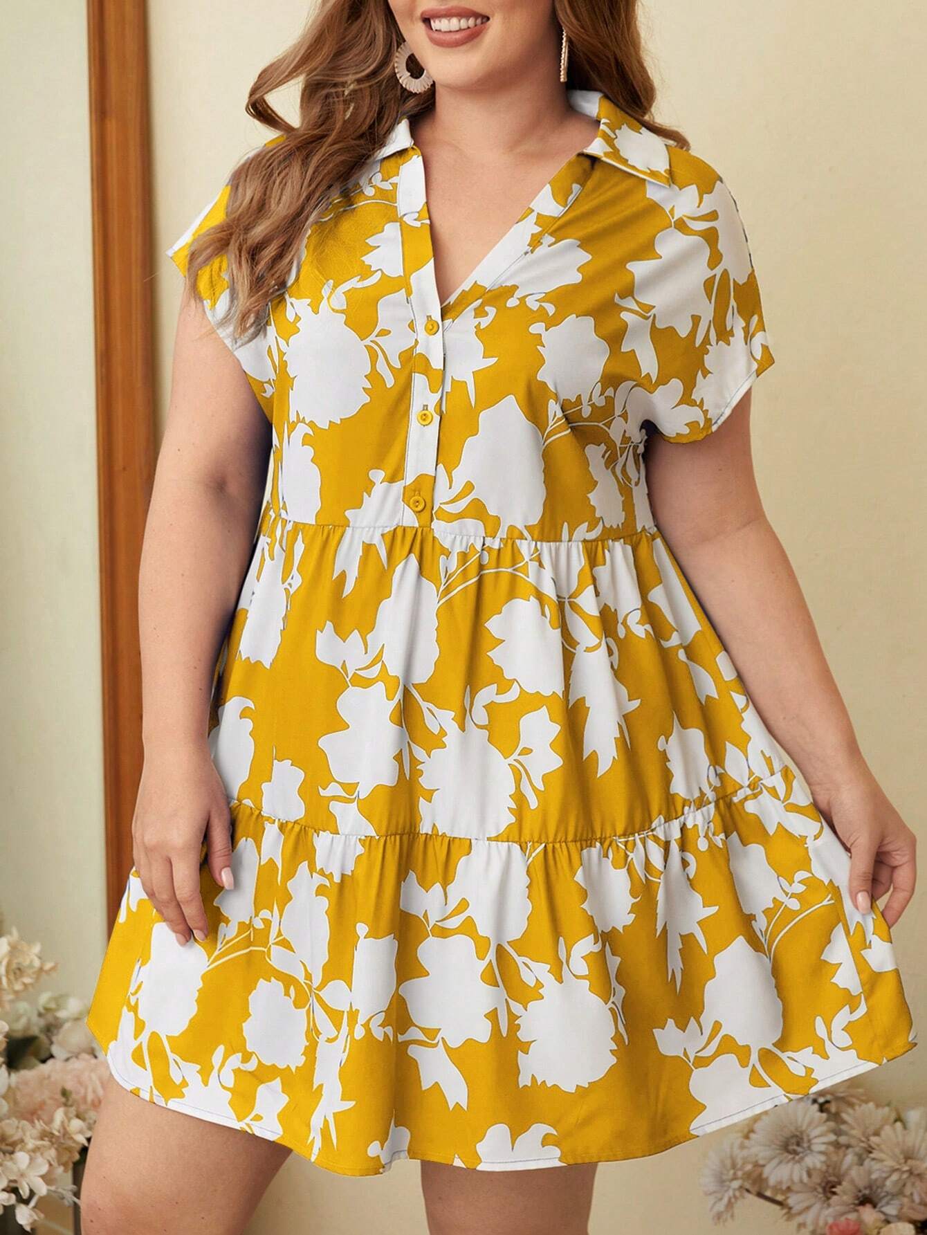 9989 Button Front Loose Fit Floral Dress