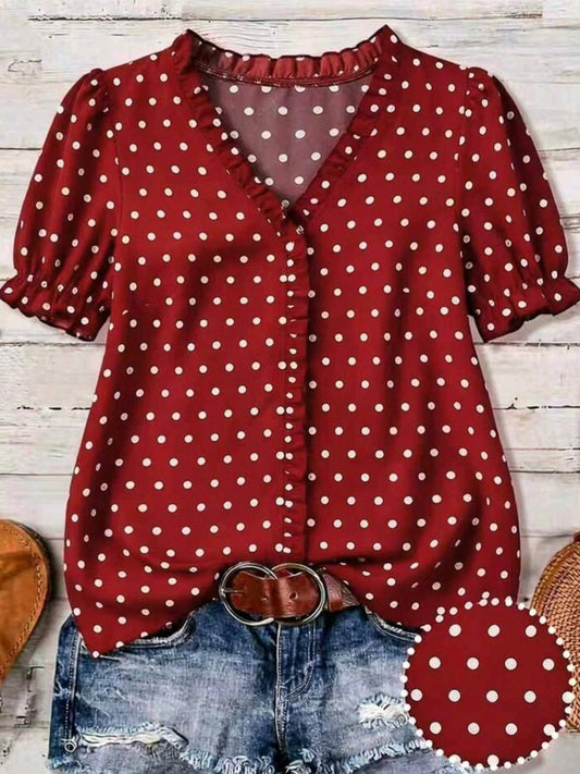 7696 Polka Dot V-Neck Ruffle Hem Blouse