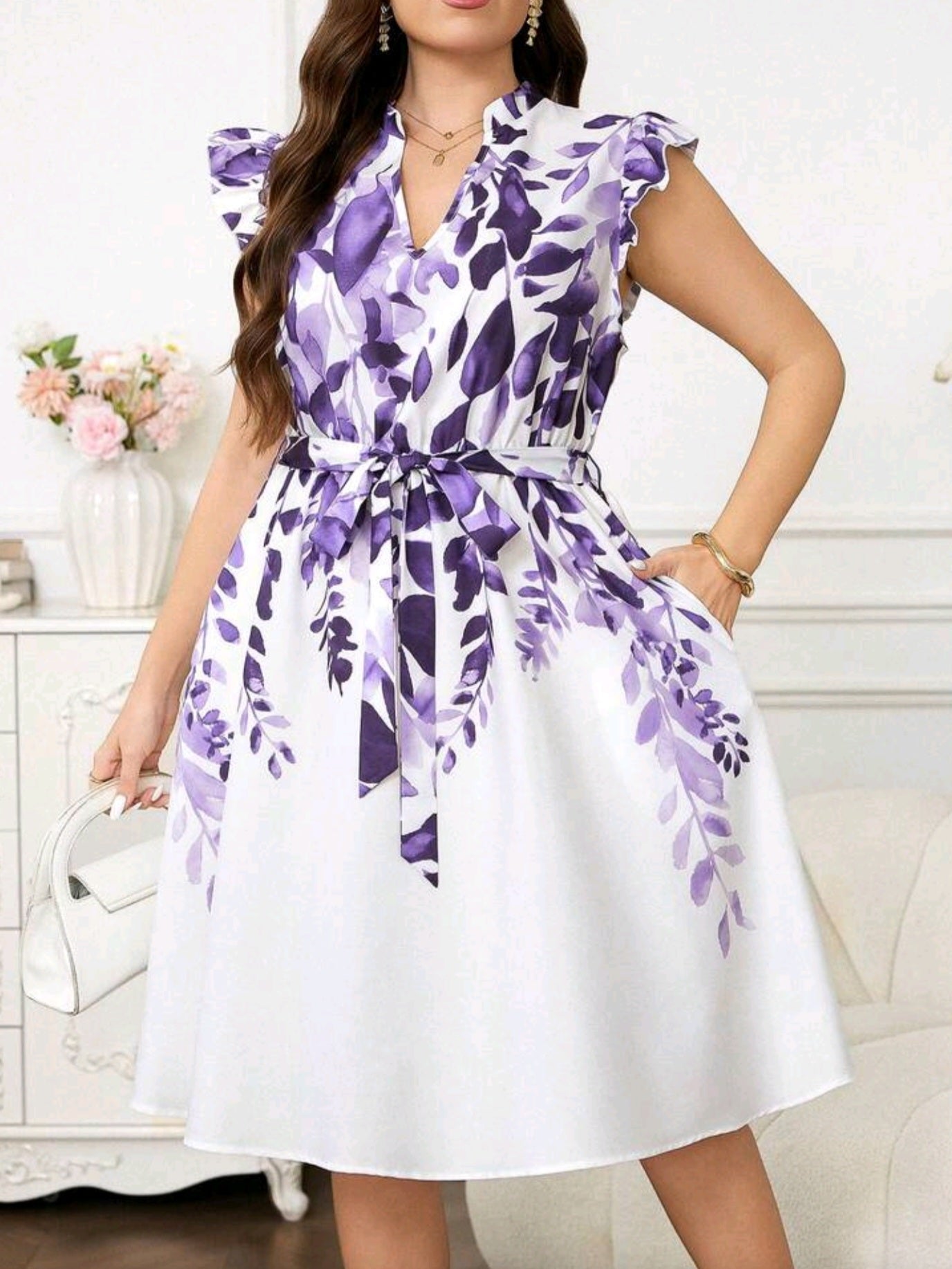 6955 Graphic Print Notched Neck Ruffle Trim Belted Dress
