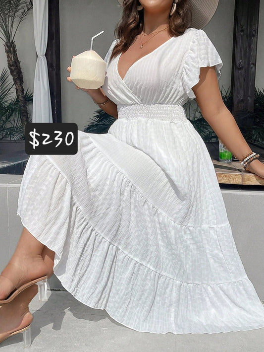 #1882 Solid Color Waist Gathered V-Neck Ruffled Dress