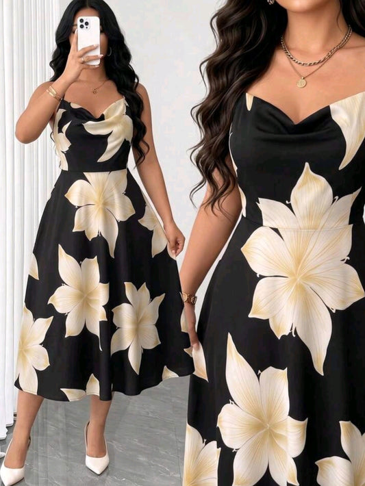 6832 Spaghetti Strap Sleeveless Cinched Waist A-Line Dress