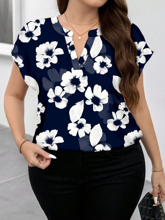 3574 Floral Print Notch Collar Top