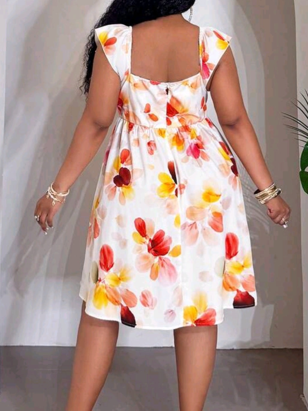 0402 Floral Square Neck Flare Sleeve A-Line Dress