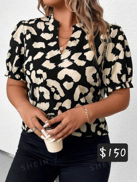 Allover Print Notched Neckline Puff Sleeve Blouse