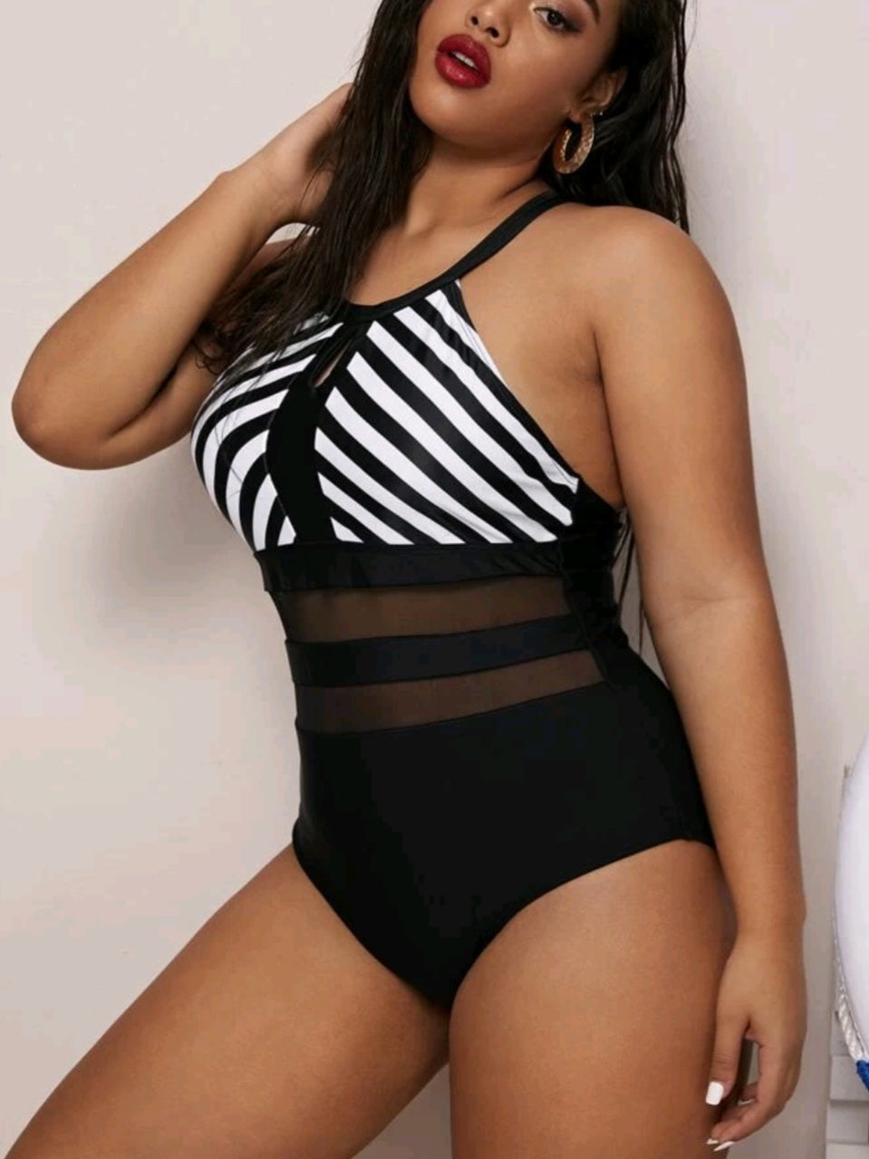 Striped Contrast Mesh One Piece Swimsuit