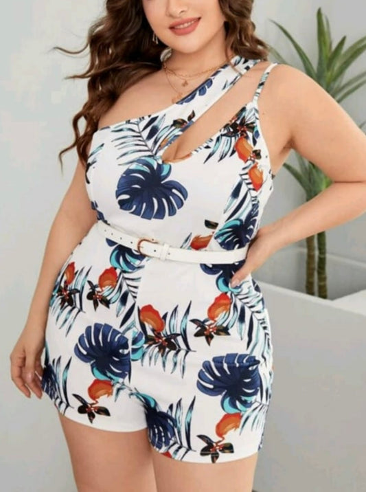 Tropical Print One Shoulder Romper Without Belt